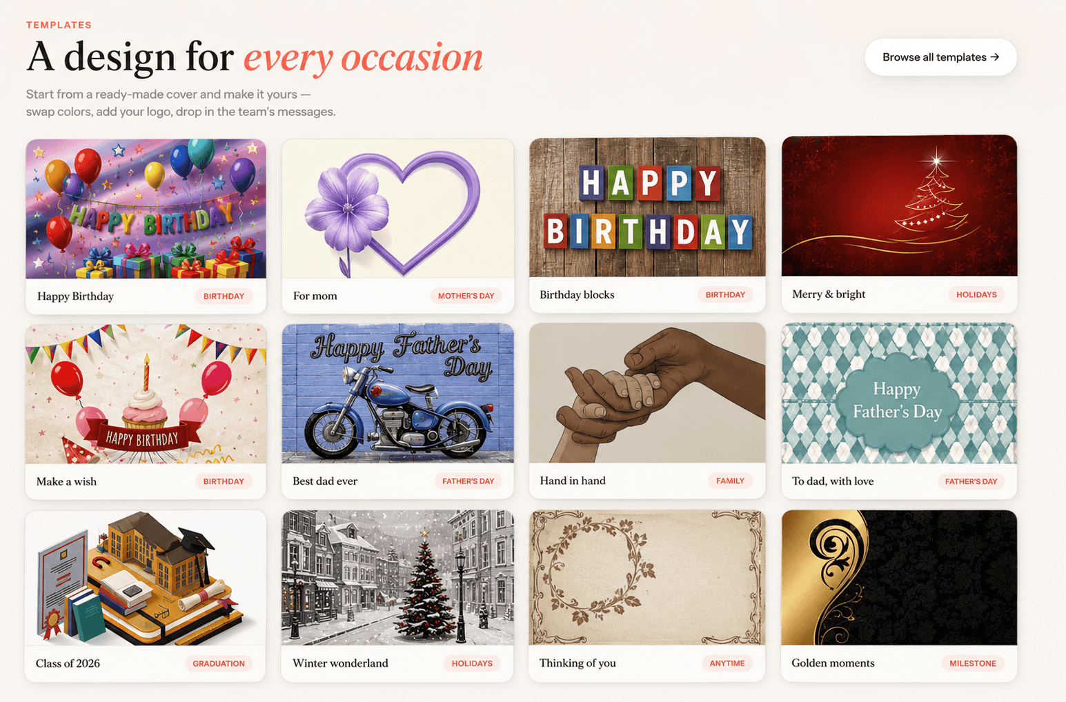 A design for every occasion — template library with birthday, holidays, family and more